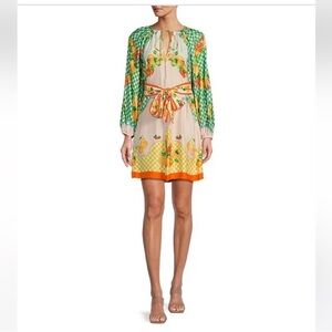 NWT Antonio Melani Raffaella Fruit Printed Satin Tie Neck Long Sleeve Dress